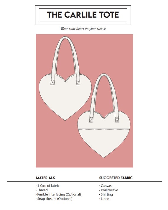 Heart Shaped Tote Bag Small Sewing Pattern Instant PDF Download 