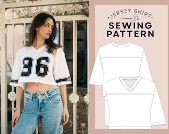 May include: White cropped jersey shirt with black numbers and trim, paired with blue jeans. The shirt features the number "96" on the front and "9" on the sleeve. A sewing pattern for a jersey shirt is displayed on the right, with the text "Jersey Shirt Sewing Pattern".
