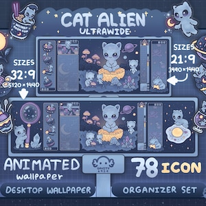 Puede incluir: Un conjunto de fondos de pantalla digitales con temática de gato alienígena. El diseño incluye fondos de pantalla animados, iconos y un conjunto organizador. La paleta de colores es principalmente azul y morado, con el texto "CAT ALIEN" y especificaciones de tamaño.