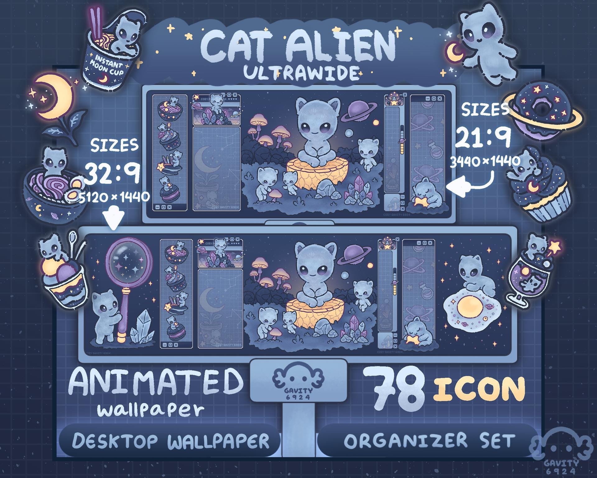 Super Ultrawide Desktop Wallpaper | Cat Alien Desktop Theme Wallpaper Organizer Set | Animated Wallpaper | Desktop Organizer