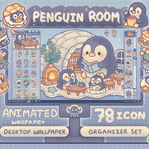 Op de afbeelding: Een digitaal bureaubladachtergrond en organisatieset met een pinguïnthema. De afbeelding toont een computerscherm met een cartoonpinguïn die leest, omringd door andere pinguïns en voedsel. De tekst luidt "PENGUIN ROOM", "ANIMATED wallpaper" en "78 ICON ORGANIZER SET".
