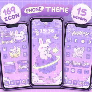 Conjunto de iconos de aplicaciones para iOS y Android (más adecuado para Android) / Bunny Moon / Lindos fondos de pantalla y widgets Kawaii / Tema del teléfono / Fondo de pantalla del teléfono