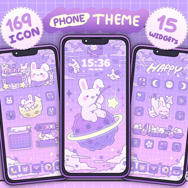 iOS and Android (More suitable for Android) App Icon Set | Bunny Moon | Cute Kawaii Wallpapers and Widgets | Phone theme | Phone wallpaper