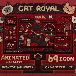 Windows and Mac | Cat Royal Desktop Theme Background Wallpaper Organizer Set | Animated Folder Icon Wallpaper | Cute Desktop Organizer