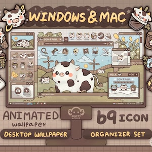 May include: Animated desktop wallpaper featuring a cartoon cow on a farm with a brown and white color scheme. The wallpaper is part of a set of 69 icons for Windows and Mac computers.