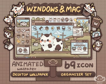 Windows and Mac | Cow Farm Desktop Theme Background Wallpaper Organizer Set | Animated Folder Icon Wallpaper | Cute Desktop Organizer