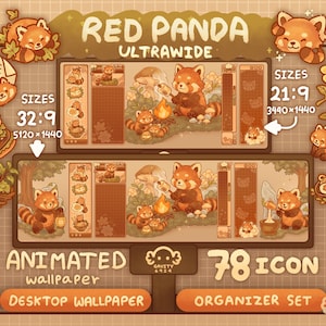 Op de afbeelding: Een digitaal kunstontwerp met een rode panda-thema. De afbeelding bevat geanimeerde wallpaper en een organizer set met 78 iconen. Het ontwerp is beschikbaar in meerdere formaten, waaronder 32:9 (5120x1440) en 21:9 (3440x1440).