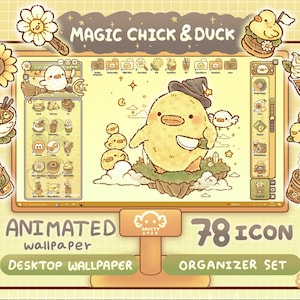 Pode incluir: Um conjunto de papel de parede para desktop com tema de pintinho e pato de desenho animado. O design inclui um papel de parede animado, 78 ícones e um conjunto organizador. A paleta de cores é principalmente amarela e bege, com elementos decorativos como flores e ilustrações de comida.