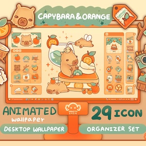Windows and Mac | Capybara Orange Desktop Theme Background Wallpaper Organizer Set | Animated Folder Icon Wallpaper | Cute Desktop Organizer