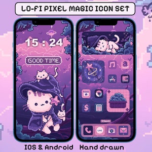 May include: A purple and pink pixel art phone background with a cat wearing a witch hat and holding a wand. The background includes a clock that reads 15:24 and the words "GOOD TIME". The phone screen also includes a variety of pixel art icons, including a music note, a shopping bag, a calendar, a phone, and a camera.