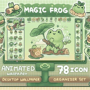 Op de afbeelding: Een groene desktop wallpaper set met een cartoon kikker thema. Het ontwerp bevat een centraal kikker karakter dat een stok onder een blad vasthoudt, omringd door kikker-thema iconen en voedsel illustraties. Tekst bevat "MAGIC FROG", "ANIMATED wallpaper", "DESKTOP WALLPAPER", "78 ICON" en "ORGANIZER SET".
