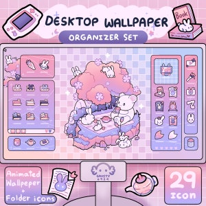 Windows and Mac | Sakura Rabbit Desktop Theme Background Wallpaper Organizer Set | Animated Folder Icons Wallpaper | Cute Desktop Organizer