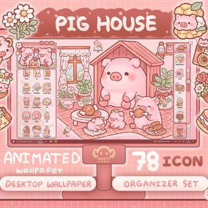 Puede incluir: Fondo de pantalla rosa con temática de cerdos, con una familia de cerdos en una casa, iconos de comida y detalles florales. El texto incluye "PIG HOUSE", "ANIMATED wallpaper", "DESKTOP WALLPAPER", "78 ICON" y "ORGANIZER SET".