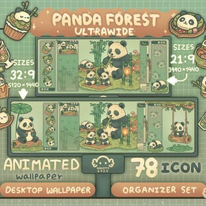 Op de afbeelding: Een geanimeerde bureaubladachtergrond en organisatieset met een pandathema. Het ontwerp bevat panda-illustraties, bamboe en lantaarns. De afbeelding toont de tekst "Panda Forest Ultrawide" en "Animated Wallpaper Desktop Wallpaper" met formaten 32:9 en 21:9.