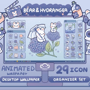 以下が含まれることがあります： かわいいクマがアジサイの茂みの下に傘を持っているアニメーションのデスクトップ壁紙。壁紙には、デスクトップを整理するための29個のアイコンが含まれています。画像には「BEAR & HYDRANGEA」と「ANIMATED wallpaper」のテキストが表示されています。