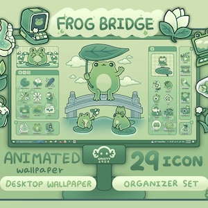 Conjunto de organizador de fondos de escritorio con tema Frog Bridge para Windows y Mac / Fondo de pantalla con ícono de carpeta animado / Organizador de escritorio bonito