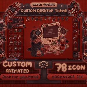 Peut inclure: Thème de bureau personnalisé sur le thème de la sorcière et du vampire. Le fond rouge présente un fond d'écran animé, 78 icônes et un ensemble d'organisation. Le design comprend des chauves-souris, des roses et le texte "Witch Vampire Custom Desktop Theme."