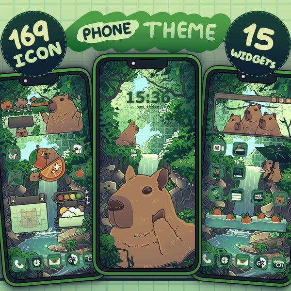 iOS and Android App Icon Set | Capybara forest | Cute Kawaii Wallpapers and Widgets | Phone theme | Phone wallpaper