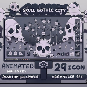 Puede incluir: Fondo de pantalla animado para escritorio con un tema de ciudad gótica con un diseño de calavera y huesos cruzados. El fondo de pantalla incluye 29 iconos para organizar tu escritorio. El texto "SKULL GOTHIC CITY" se muestra en la parte superior de la imagen.