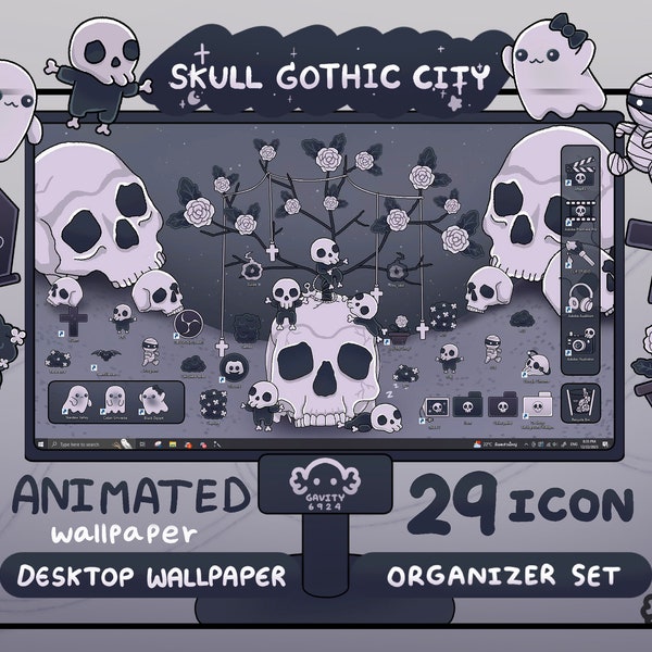 Windows ,Mac | Skull Gothic City Desktop Theme Background Wallpaper Organizer Set | Animated Folder Icons Wallpaper | Cute Desktop Organizer