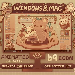 Puede incluir: Conjunto de fondos de escritorio animados para ordenadores Windows y Mac. El conjunto incluye un oso marrón sosteniendo una taza de café, un logotipo de cafetería de osos y una variedad de otros iconos lindos. El conjunto está disponible en 69 opciones de iconos.