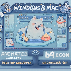 以下が含まれることがあります： 青と白のカラーリングで、かわいい漫画のサモエド犬が描かれた、アニメーションのデスクトップ壁紙とアイコンオーガナイザーセット。セットには、デスクトップ壁紙と69個のアイコンが含まれています。