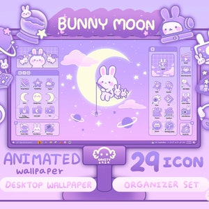 Windows and Mac | Bunny Moon Desktop Theme Background Wallpaper Organizer Set | Animated Folder Icon Wallpaper | Cute Desktop Organizer