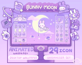 Windows/Mac Bunny Moon Desktop Wallpaper Organizer Set: Animated Folder Icons