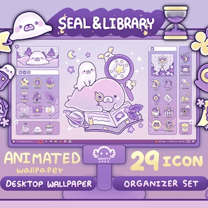 Skrivbordstema Bakgrund Windows och Mac Seal Library Bakgrundsorganisatör Set | Animerad mappikonbakgrund | Söt skrivbordsorganisatör