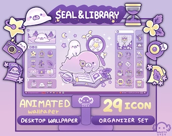 Desktop Theme Background Windows and Mac Seal Library Wallpaper Organizer Set | Animated Folder Icon Wallpaper | Cute Desktop Organizer