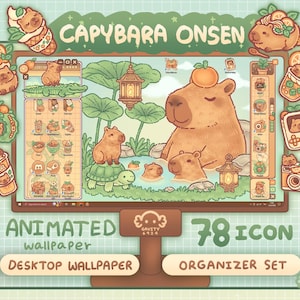 Windows and Mac | Capybara Onsen Desktop Theme Background Wallpaper Organizer Set| Animated Folder Icon Wallpaper | Cute Desktop Organizer