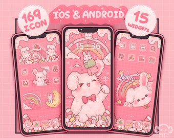 Bunny Sweety Pink App Icon Set: Kawaii Phone Theme and Widgets (iOS/Android)
