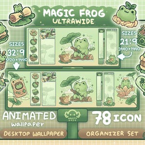Puede incluir: Un conjunto de fondo de pantalla y organizador de escritorio verde con ranas de dibujos animados. El diseño incluye el texto "MAGIC FROG ULTRAWIDE", "ANIMATED wallpaper", "DESKTOP WALLPAPER" y "78 ICON ORGANIZER SET". La imagen también muestra especificaciones de tamaño de 5120x1440 y 3440x1440.
