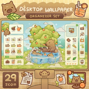 Windows and Mac | Capybara Desktop Theme Background Wallpaper Organizer Set | Folder Icons Wallpaper | Cute Desktop Organizer