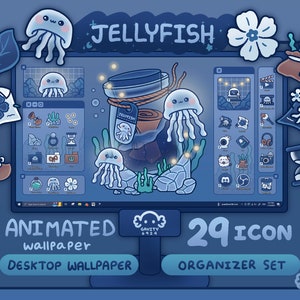 Op de afbeelding: Een blauw computerscherm met een bureaubladachtergrond met een geanimeerde kwal in een pot. De achtergrond is onderdeel van een set van 29 pictogrammen. De tekst "JELLYFISH" wordt bovenaan het scherm weergegeven. De tekst "ANIMATED wallpaper" en "DESKTOP WALLPAPER" wordt onder het scherm weergegeven. De tekst "29 ICON ORGANIZER SET" wordt onder het scherm weergegeven.
