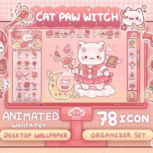 May include: A pink desktop wallpaper set with a cat theme, featuring a central cartoon cat character holding a wand. The design includes the text "CAT PAW WITCH", "ANIMATED wallpaper", "DESKTOP WALLPAPER", "78 ICON", and "ORGANIZER SET". The overall aesthetic is cute and whimsical.