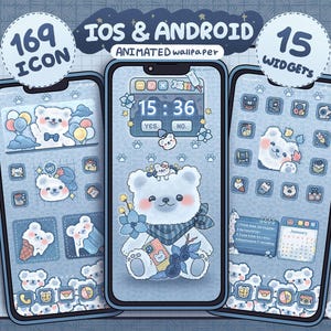 May include: A blue and white animated phone wallpaper with a cute polar bear design. The wallpaper includes 169 icons and 15 widgets. The text "IOS & ANDROID ANIMATED wallpaper" is displayed on the top of the image.