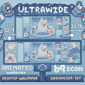 Pode incluir: Papel de parede animado para desktop com um cão branco de olhos azuis, uma lua e nuvens. O papel de parede está disponível em dois tamanhos: 32:9 (5120x1440) e 21:9 (3440x1440). O papel de parede também inclui um conjunto de 69 ícones.