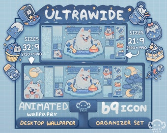 Super Ultrawide Desktop Wallpaper | Samoyed Desktop Theme Wallpaper Organizer Set | Animated Folder Icon | Cute Desktop Organizer