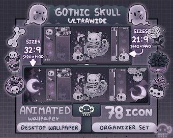 Organizador de fondos de pantalla ultraanchos de bruja gótica con esqueleto: iconos de carpeta animados