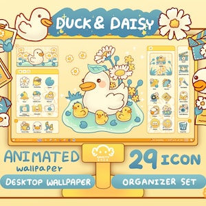 Windows and Mac | Duck & Daisy Desktop Theme Background Wallpaper Organizer Set | Animated Folder Icon Wallpaper | Cute Desktop Organizer