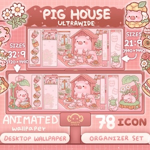 Könnte beinhalten: Ein pinkfarbenes Desktop-Wallpaper-Set mit Schweinethema, das eine Schweinehaus-Szene, animiertes Wallpaper und 78 Icons zeigt. Das Bild enthält den Text "PIG HOUSE ULTRAWIDE" und Größenangaben für verschiedene Bildschirmverhältnisse.