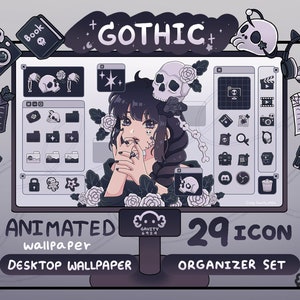 Windows and Mac | Gothic woman Desktop Theme Background Wallpaper Organizer Set | Animated Folder Icons Wallpaper | Cute Desktop Organizer