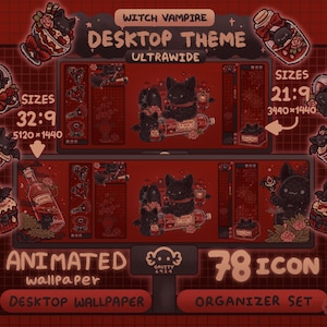 以下が含まれることがあります： 「Witch Vampire Desktop Theme」と「Ultrawide」の文字が入った赤と黒のデスクトップテーマ。アニメーション壁紙、オーガナイザーセット、78個のアイコンが含まれています。コウモリの羽を持つ黒猫やその他のゴシック風イラストが特徴です。