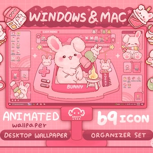 Windows e Mac / Set di sfondi desktop con tema coniglietto dolce / Sfondo con icone di cartelle animate / Simpatico organizer per desktop