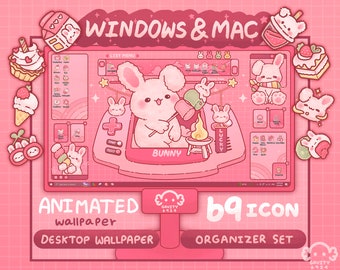 May include: A pink computer desktop featuring a cartoon bunny holding a marshmallow on a stick. The desktop has a pink and white colour scheme with a rainbow background. The text "WINDOWS & MAC" is at the top of the screen. The text "ANIMATED wallpaper" and "DESKTOP WALLPAPER" are at the bottom of the screen. The text "b9 ICON" and "ORGANIZER SET" are also at the bottom of the screen.