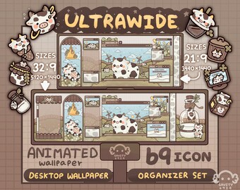 Cow Farm Ultrawide Desktop Wallpaper Organizer Set: Animated Folder Icons