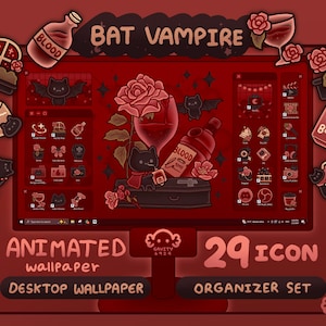 Windows and Mac | Bat Vampire Desktop Theme Background Wallpaper Organizer Set | Animated Folder Icon Wallpaper | Cute Desktop Organizer