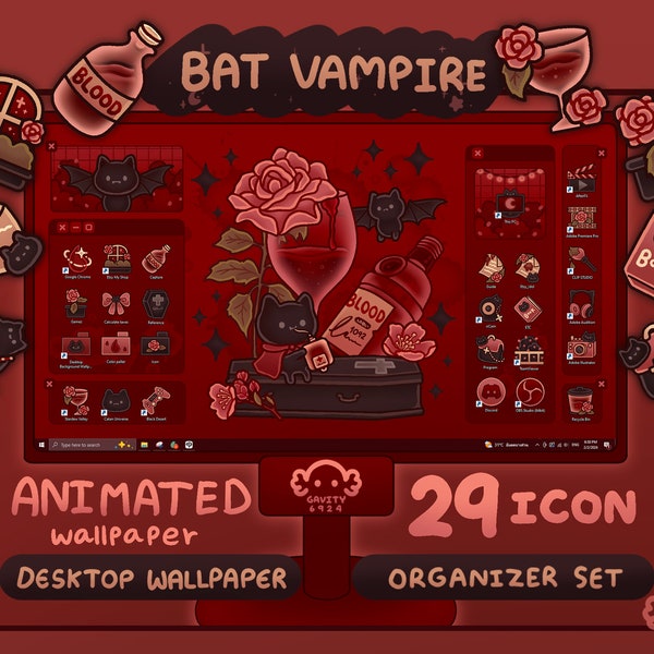 Windows and Mac | Bat Vampire Desktop Theme Background Wallpaper Organizer Set | Animated Folder Icon Wallpaper | Cute Desktop Organizer