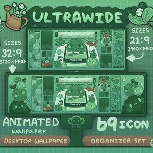 Puede incluir: Fondo de pantalla animado para escritorio con un personaje de dibujos animados verde y blanco con el texto "ULTRAWIDE" y "ANIMATED wallpaper". El fondo de pantalla está disponible en dos tamaños: 32:9 (5120x1440) y 21:9 (3440x1440). La imagen también incluye un conjunto de organizadores de iconos 69.